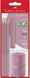 Faber-Castell Grip 2001 Σετ 3 Μολύβια B με Ξύστρα και Γόμα Ροζ