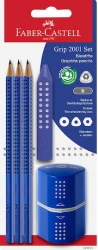Faber-Castell Grip 2001 Σετ 3 Μολύβια B με Ξύστρα και Γόμα Μπλε