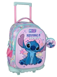 Must Team Disney Stitch Having A Blast Σχολική Τσάντα Τρόλεϊ Δημοτικού Ροζ με Θήκη για Παγούρι 30lt